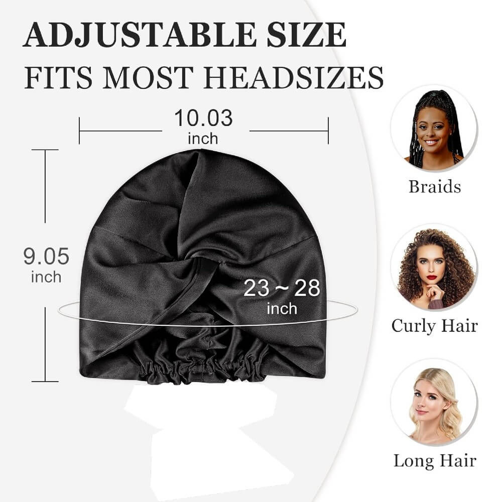 100% Premium Mulberry Silk Bonnet for Healthy Hair Silky Soft Sleep Cap Double-Sided Frizz-Free Moisture Retention - Black