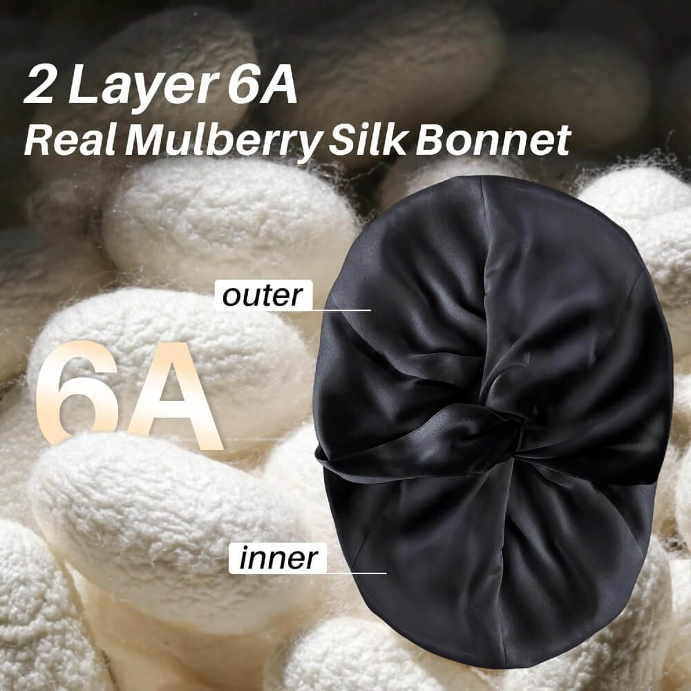 100% Premium Mulberry Silk Bonnet for Healthy Hair Silky Soft Sleep Cap Double-Sided Frizz-Free Moisture Retention - Black