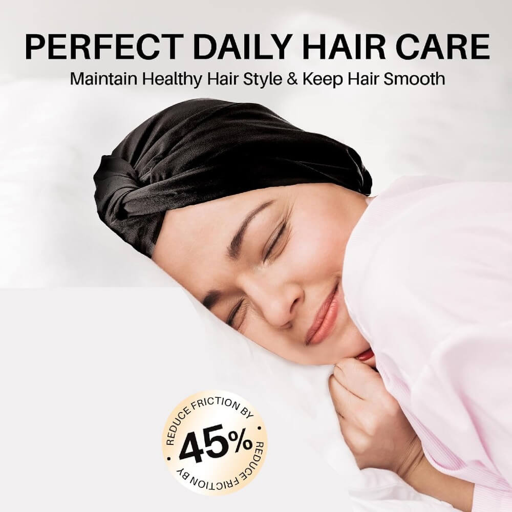 100% Premium Mulberry Silk Bonnet for Healthy Hair Silky Soft Sleep Cap Double-Sided Frizz-Free Moisture Retention - Black