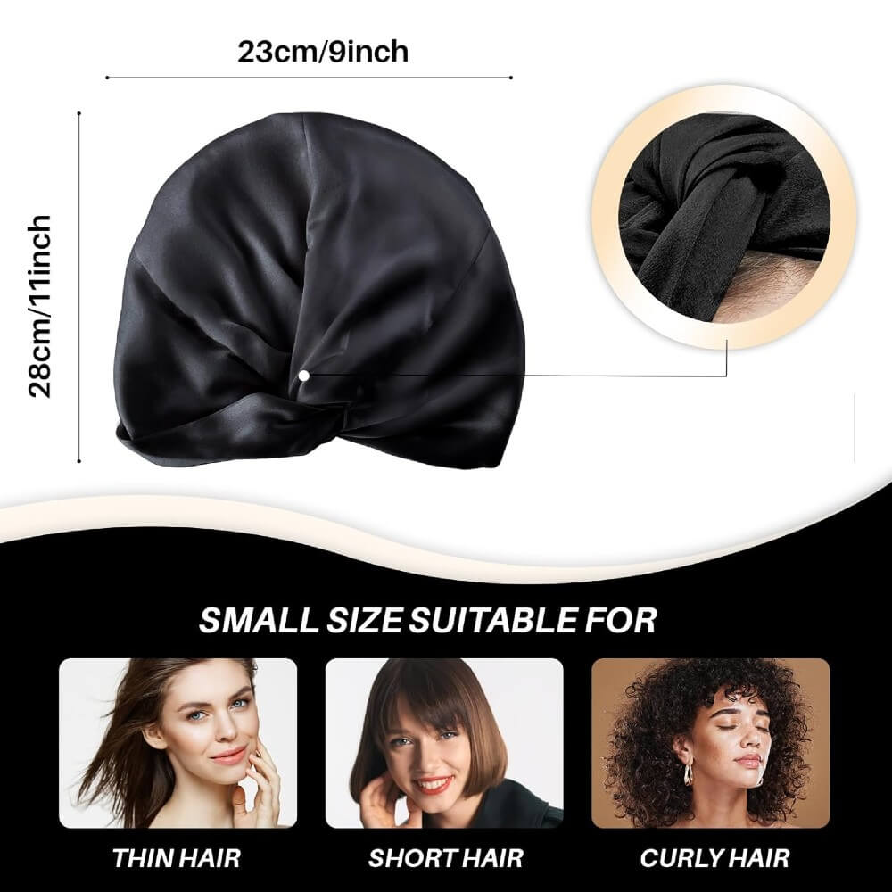 100% Premium Mulberry Silk Bonnet for Healthy Hair Silky Soft Sleep Cap Double-Sided Frizz-Free Moisture Retention - Black