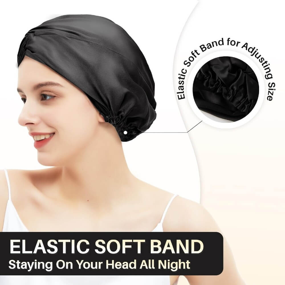 100% Premium Mulberry Silk Bonnet for Healthy Hair Silky Soft Sleep Cap Double-Sided Frizz-Free Moisture Retention - Black