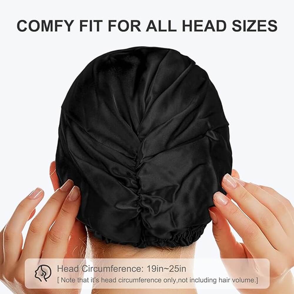 100% Premium Mulberry Silk Bonnet for Healthy Hair Silky Soft Sleep Cap Double-Sided Frizz-Free Moisture Retention - Black