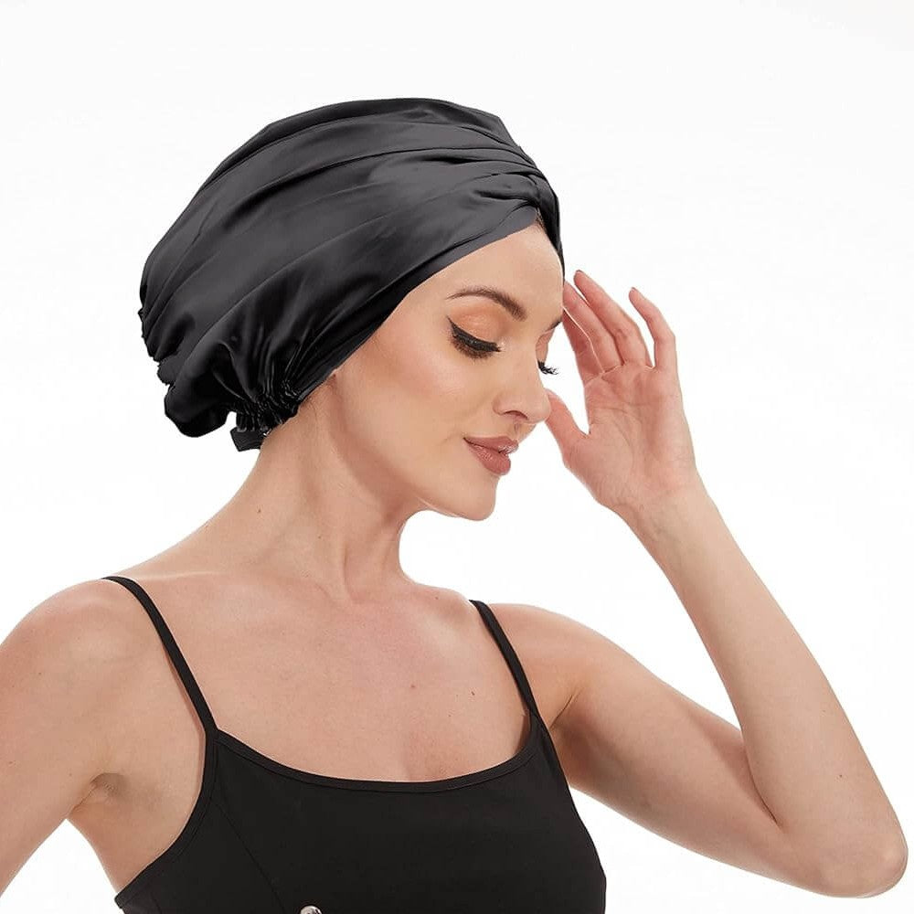 100% Premium Mulberry Silk Bonnet for Healthy Hair Silky Soft Sleep Cap Double-Sided Frizz-Free Moisture Retention - Black