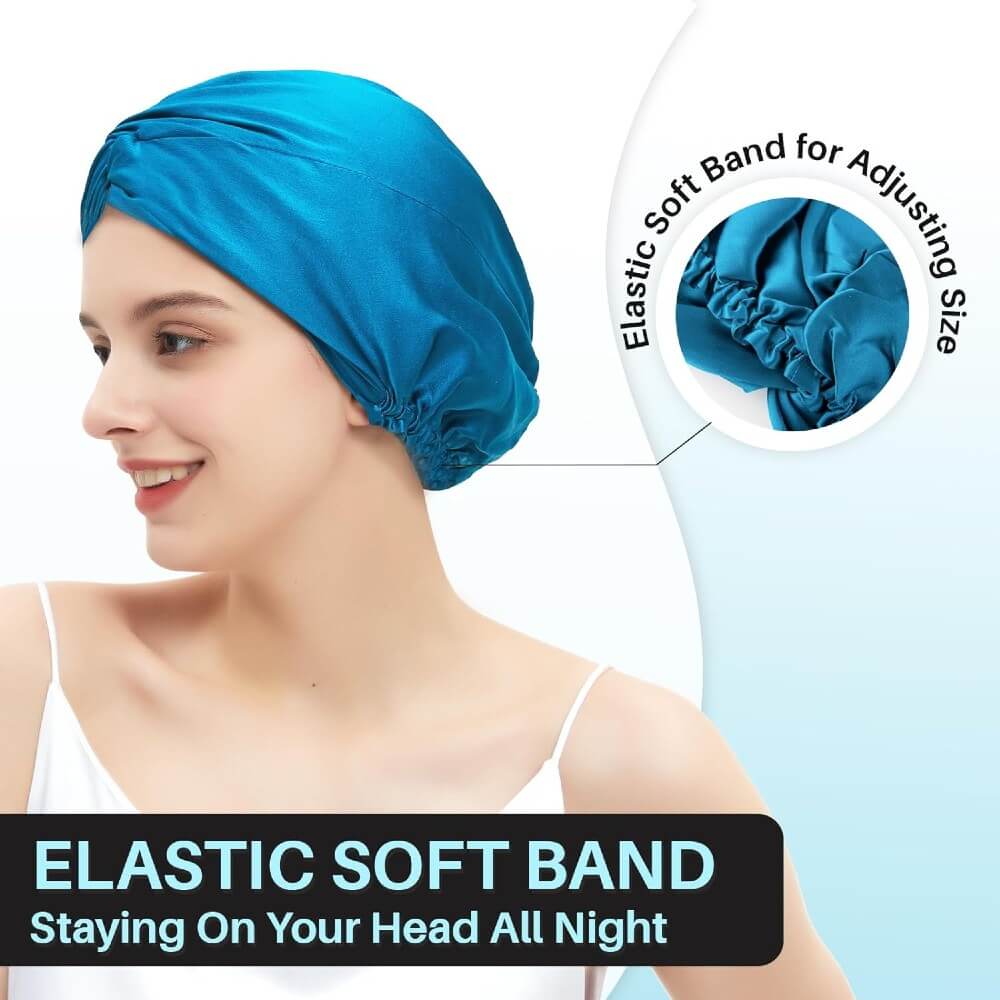 100% Premium Mulberry Silk Bonnet for Healthy Hair Silky Soft Sleep Cap Double-Sided Frizz-Free Moisture Retention - Peacock Blue